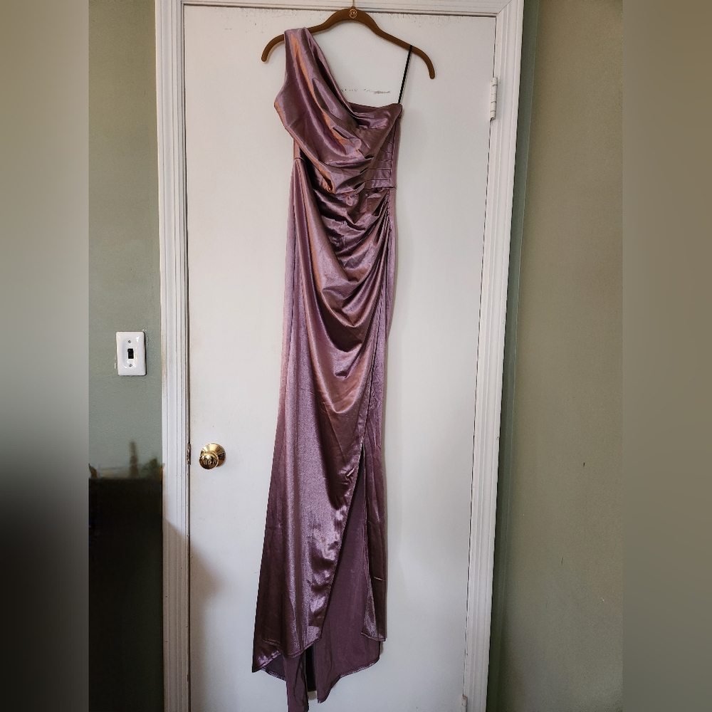 Purple satin full length one-shoulder gown